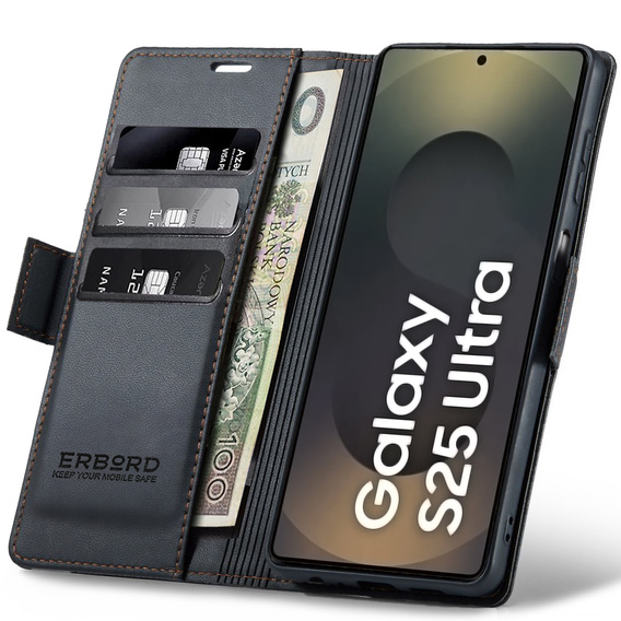Θήκη για Samsung Galaxy S25 Ultra, ERBORD Glossy Litchi, πορτοφόλι με πτερύγιο, μαύρη