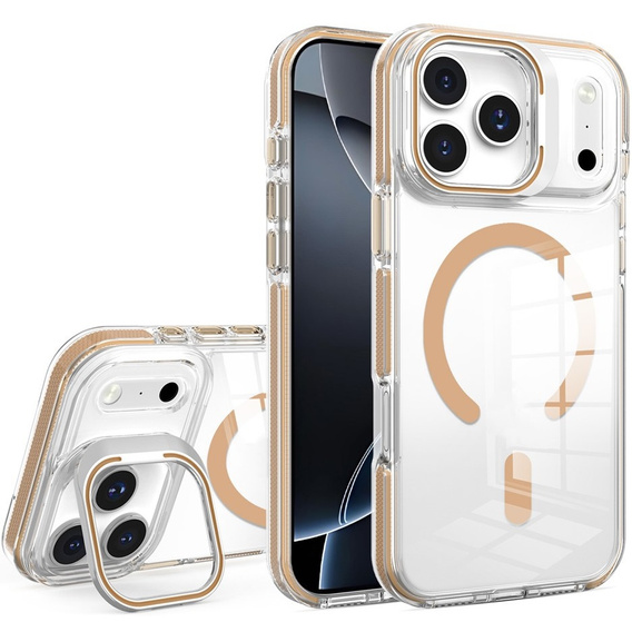 Θήκη για iPhone 17 Pro, για MagSafe, με βάση, διάφανη με χρυσά ένθετα