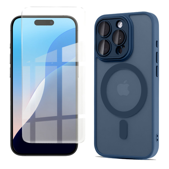 Θήκη για iPhone 16 Pro, για MagSafe, ERBORD Μatt Case, ναυτικό μπλε + Γυαλί οθόνης