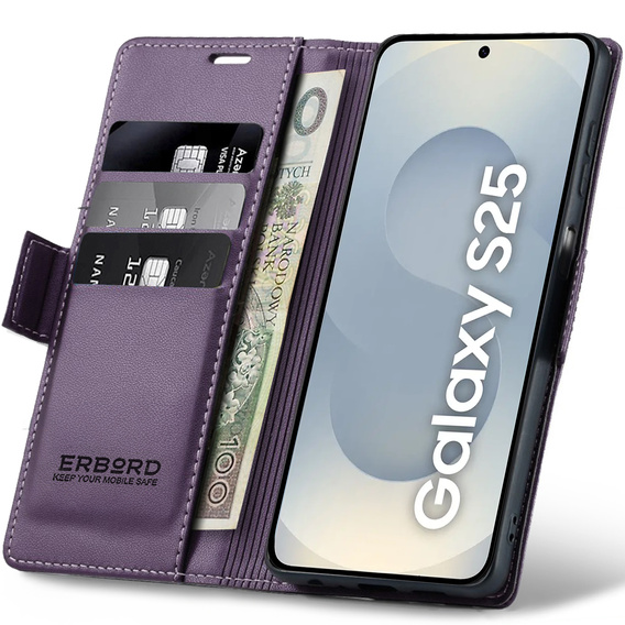 Θήκη για Samsung Galaxy S25, ERBORD Glossy Litchi, πορτοφόλι με πτερύγιο, μωβ