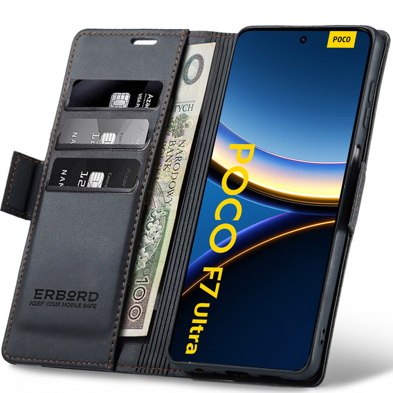 Θήκη για Xiaomi Poco F7 Ultra, ERBORD Glossy Litchi, πορτοφόλι με πτερύγιο, μαύρη