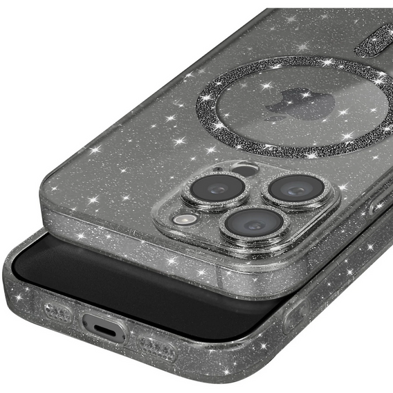 Θήκη για iPhone 16 Pro, ERBORD Glitter MagSafe, μαύρη + Γυαλί οθόνης