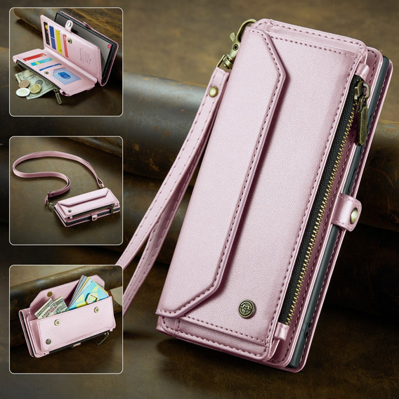 θήκη CASEME για Samsung Galaxy S25 Ultra, RFID Leather Wallet, με λουράκι ώμου, ροζ