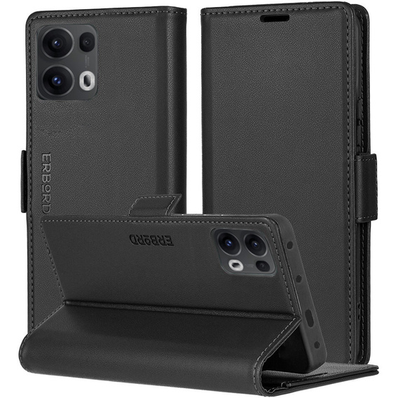 Θήκη για Oppo Reno 13 Pro, ERBORD Glossy Litchi, πορτοφόλι με πτερύγιο, μαύρη