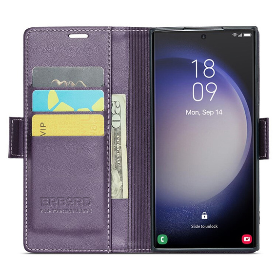 Θήκη για Samsung Galaxy S24 Ultra, ERBORD Glossy Litchi, πορτοφόλι με πτερύγιο, μωβ