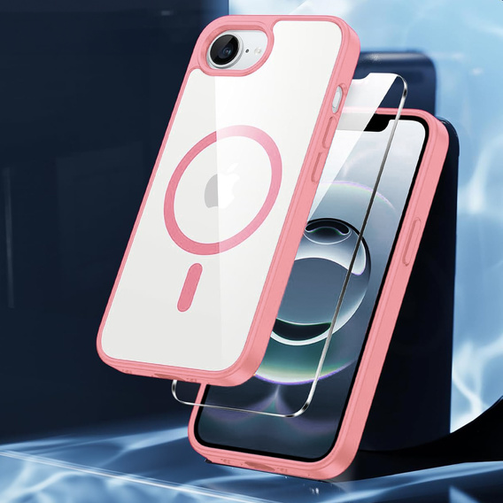 Μαγνητική θήκη για iPhone 16E, MagSafe, ροζ + σκληρυμένο γυαλί 9H