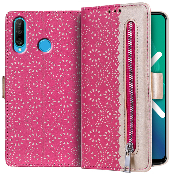 θήκη πτερύγιο για Huawei P30 Lite, Wallet Pocket Zipper Lace, ροζ