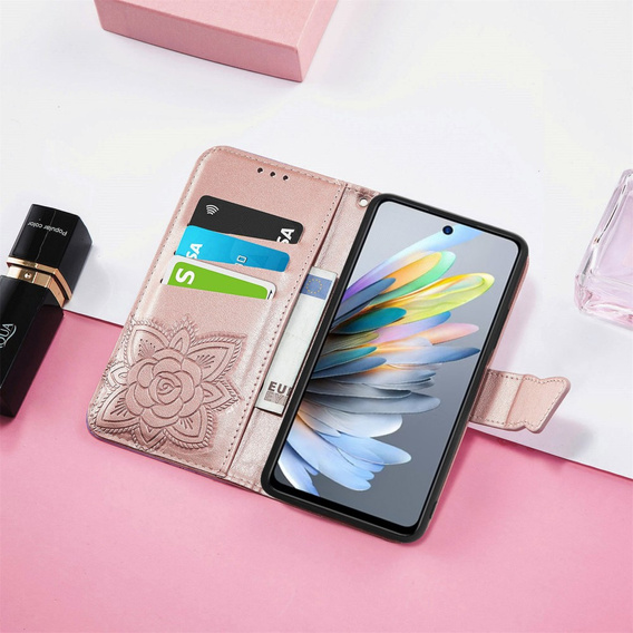 Θήκη με πτερύγιο για Motorola Moto G15 / Motorola Moto G15 Power, Butterfly, ροζ rose gold