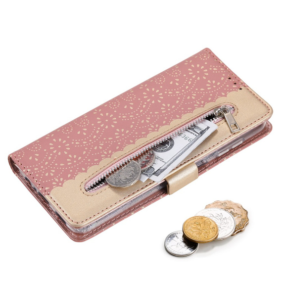 θήκη πτερύγιο για Samsung Galaxy A54 5G, Wallet Pocket Zipper Lace, ροζ