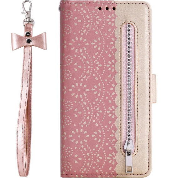 θήκη πτερύγιο για Samsung Galaxy A54 5G, Wallet Pocket Zipper Lace, ροζ