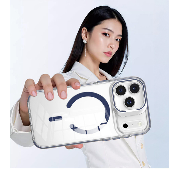 Θήκη για iPhone 17 Pro Max, για MagSafe, με βάση, διάφανη με μπλε ένθετα