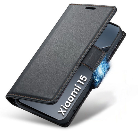 Θήκη για Xiaomi 15, ERBORD Glossy Litchi, πορτοφόλι με πτερύγιο, μαύρη
