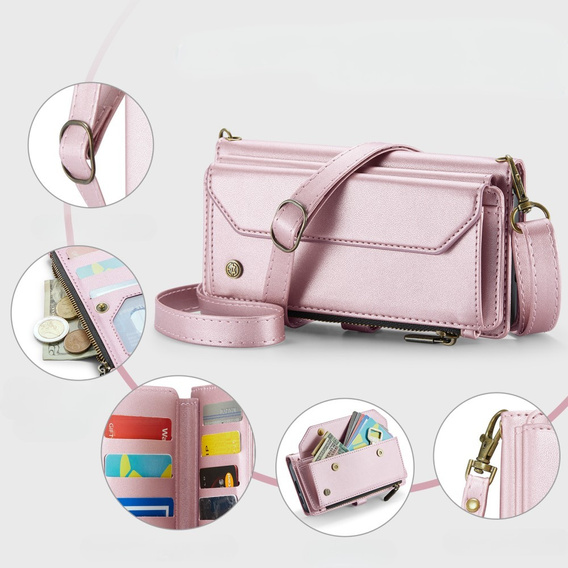 θήκη CASEME για Samsung Galaxy S24 FE, RFID Leather Wallet, με λουράκι ώμου, ροζ