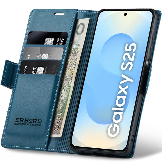 Θήκη για Samsung Galaxy S25, ERBORD Glossy Litchi, πορτοφόλι με πτερύγιο, μπλε