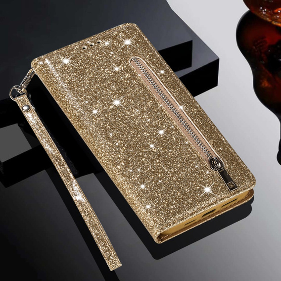 Θήκη με πτερύγιο για Samsung Galaxy A56 5G, Wallet Zipper Pocket Glittery, χρυσή
