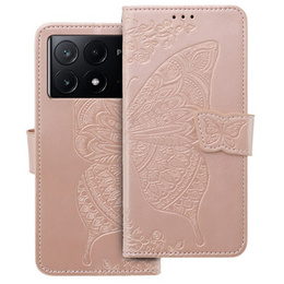 Θήκη με πτερύγιο για Xiaomi Poco F6 Pro, Butterfly, ροζ rose gold