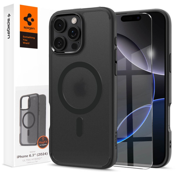 Θήκη MagSafe Spigen για iPhone 16 Pro, Ultra Hybrid, διαφανής / μαύρη + Μετριασμένο γυαλί 9H