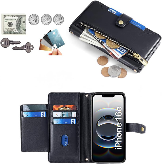 Θήκη με πτερύγιο για iPhone 16E, Wallet Zipper Pocket, μαύρη