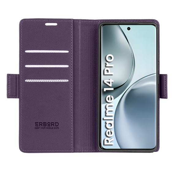 Θήκη για Realme 14 Pro 5G, ERBORD Glossy Litchi, πορτοφόλι με πτερύγιο, μωβ