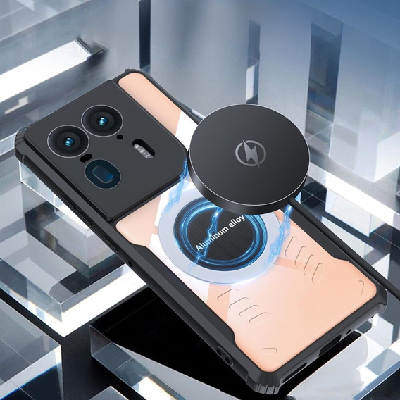 Θήκη για Motorola Edge 50 Ultra, με μαγνητική πλάκα, διαφανής / μαύρη