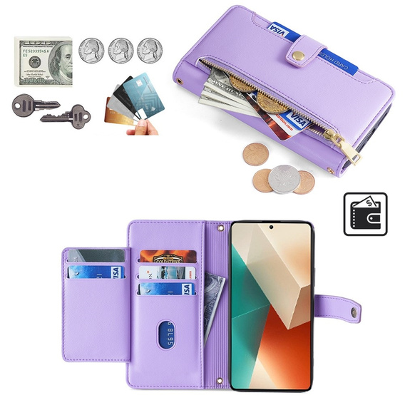 Θήκη με πτερύγιο για Xiaomi Redmi Note 13 5G, Wallet Zipper Pocket, μωβ