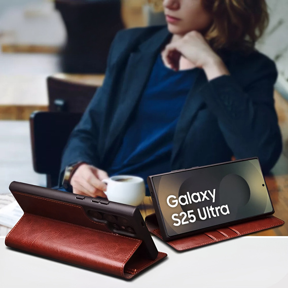 θήκη flip για Samsung Galaxy S25 Ultra, QIALINO Leather Wallet, σκούρο καφέ