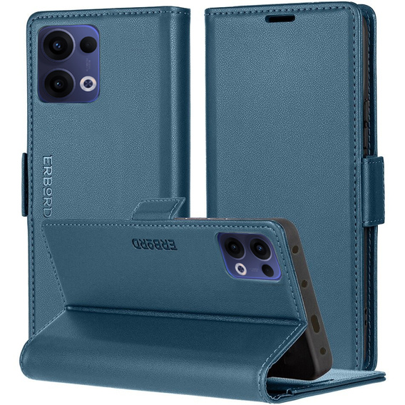 Θήκη για Oppo Reno 13, ERBORD Glossy Litchi, πορτοφόλι με πτερύγιο, μπλε