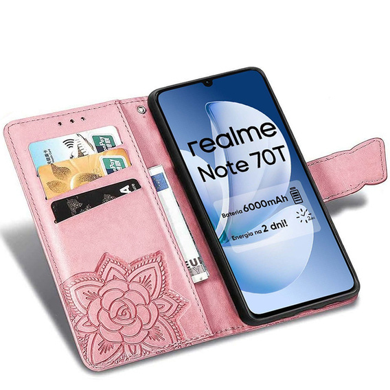 Θήκη με πτερύγιο για Realme Note 70T 4G, Butterfly, ροζ rose gold