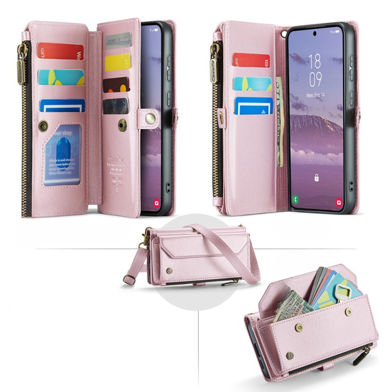 θήκη CASEME για Samsung Galaxy S24 FE, RFID Leather Wallet, με λουράκι ώμου, ροζ