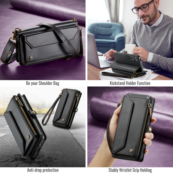 θήκη CASEME για Samsung Galaxy S25 FE, RFID Leather Wallet, με λουράκι ώμου, μαύρη