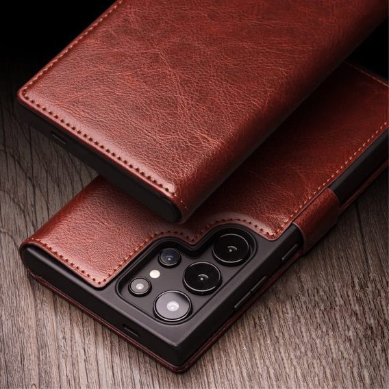 θήκη flip για Samsung Galaxy S25 Ultra, QIALINO Leather Wallet, σκούρο καφέ