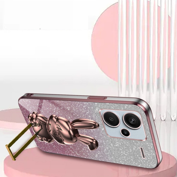 Θήκη για Xiaomi Redmi Note 13 Pro+, Glitter Rabbit, με συρόμενη βάση στήριξης, ροζ
