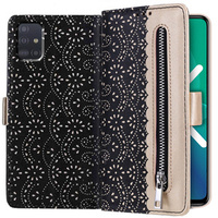 θήκη πτερύγιο για Samsung Galaxy A51, Wallet Pocket Zipper Lace, μαύρη