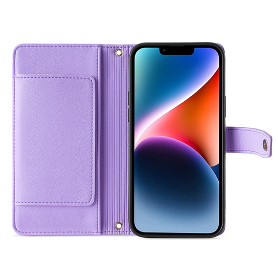 Θήκη με πτερύγιο για iPhone 15, Wallet Zipper Pocket, μωβ