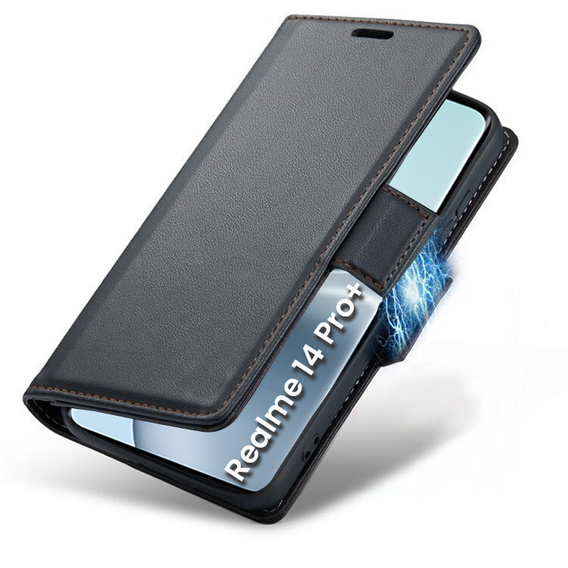 Θήκη για Realme 14 Pro+ 5G, ERBORD Glossy Litchi, πορτοφόλι με πτερύγιο, μαύρη