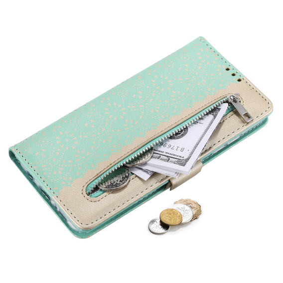 θήκη πτερύγιο για Samsung Galaxy A53 5G, Wallet Pocket Zipper Lace, πράσινη
