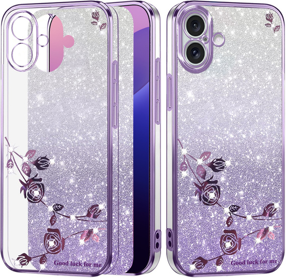 Θήκη για iPhone 16 Plus, Glitter Flower, μωβ