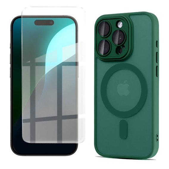 Θήκη για iPhone 16 Pro, για MagSafe, ERBORD Μatt Case, πράσινη + Γυαλί οθόνης