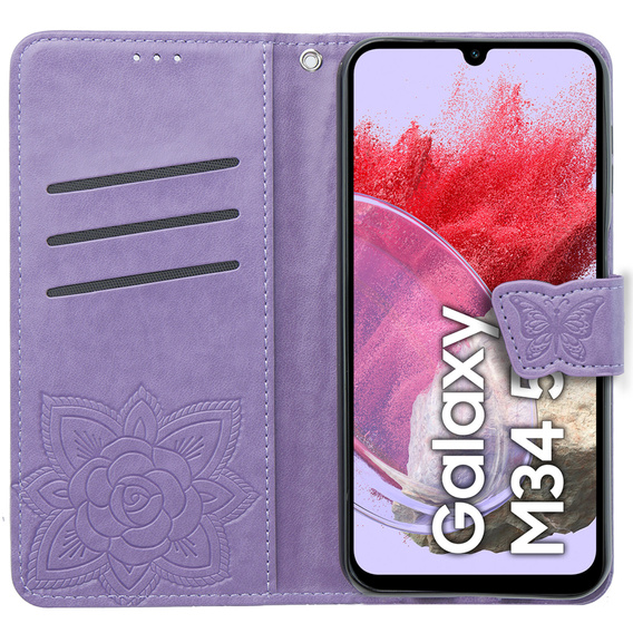 Θήκη με πτερύγιο για Samsung Galaxy M34 5G, Butterfly, μωβ