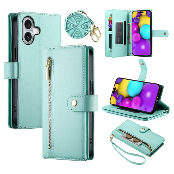 Θήκη με πτερύγιο για iPhone 16 Plus, Wallet Zipper Pocket, πράσινη