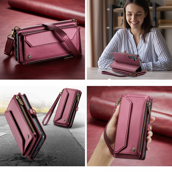 θήκη CASEME για Samsung Galaxy S24 FE, RFID Leather Wallet, με λουράκι ώμου, κόκκινη
