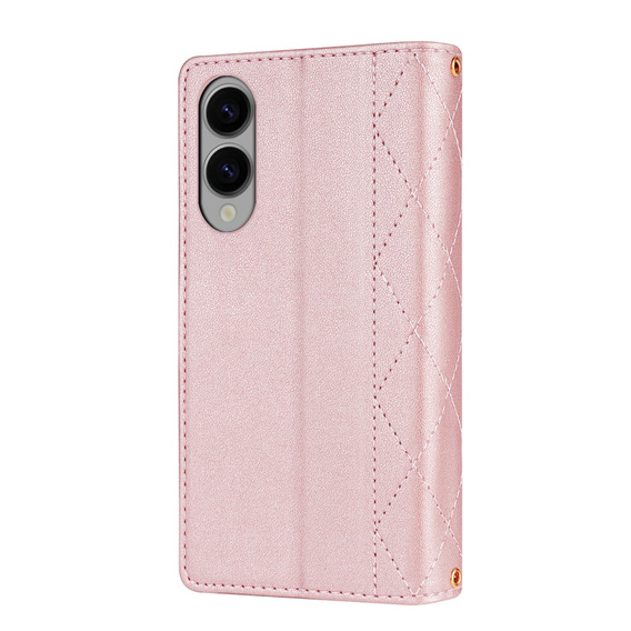 θήκη πτερύγιο για Samsung Galaxy S25 Edge, Rhombus Crossbody Leather, ροζ rose gold