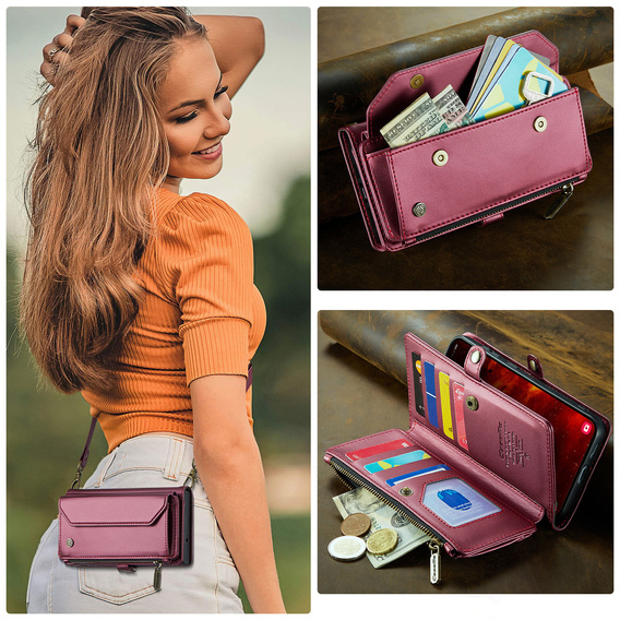 θήκη CASEME για Samsung Galaxy S25 FE, RFID Leather Wallet, με λουράκι ώμου, κόκκινη