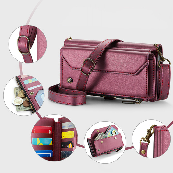 θήκη CASEME για Samsung Galaxy S25 FE, RFID Leather Wallet, με λουράκι ώμου, κόκκινη