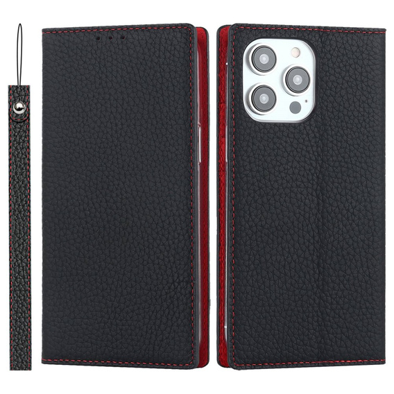Θήκη με πτερύγιο για iPhone 14 Pro Max, Litchi Skin Grain, μαύρη