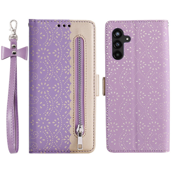 θήκη πτερύγιο για Samsung Galaxy A34 5G, Wallet Pocket Zipper Lace, μωβ