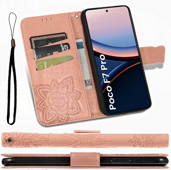 Θήκη με πτερύγιο για Xiaomi Poco F7 Pro, Butterfly, ροζ rose gold