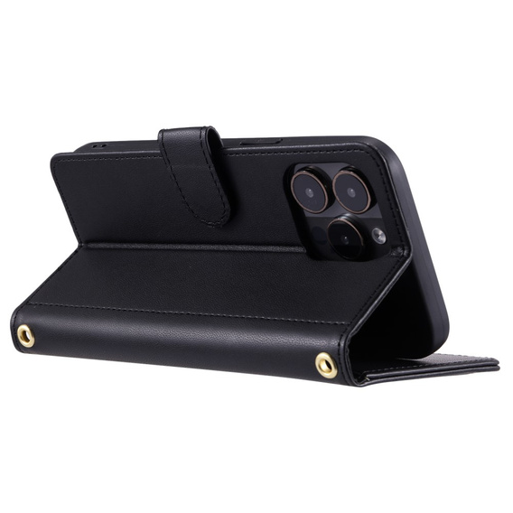 θήκη πτερύγιο για iPhone 16 Pro, Rhombus Crossbody Leather, μαύρη