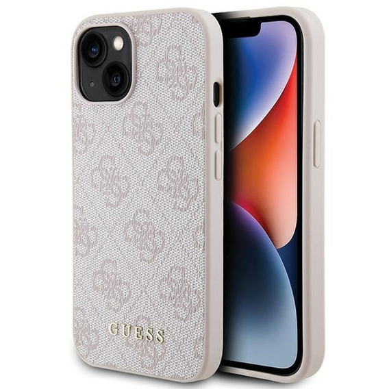 GUESS Θήκη για iPhone 15, 4G Metal Gold Logo, ροζ