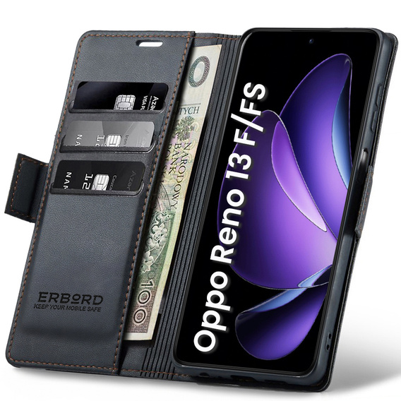 Θήκη για Oppo Reno 13F / Oppo Reno 13FS, ERBORD Glossy Litchi, πορτοφόλι με πτερύγιο, μαύρη